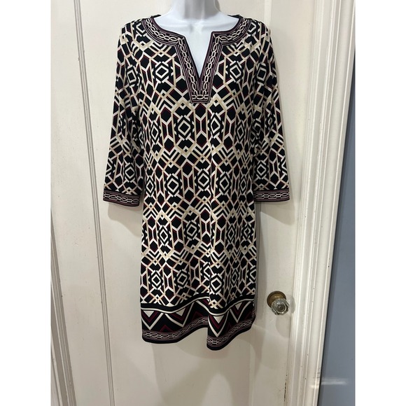 White House Black Market Geometric Print V Neck 3/4 Sleeve Dress Size Small - Picture 2 of 6